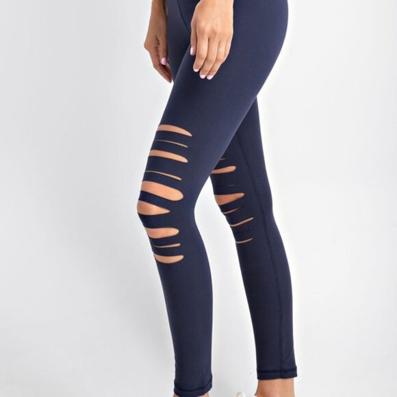 Ripped Cut-out Leggings for Women, Wide Waisted Yoga Pants, Tummy Control - Picture 6 of 9